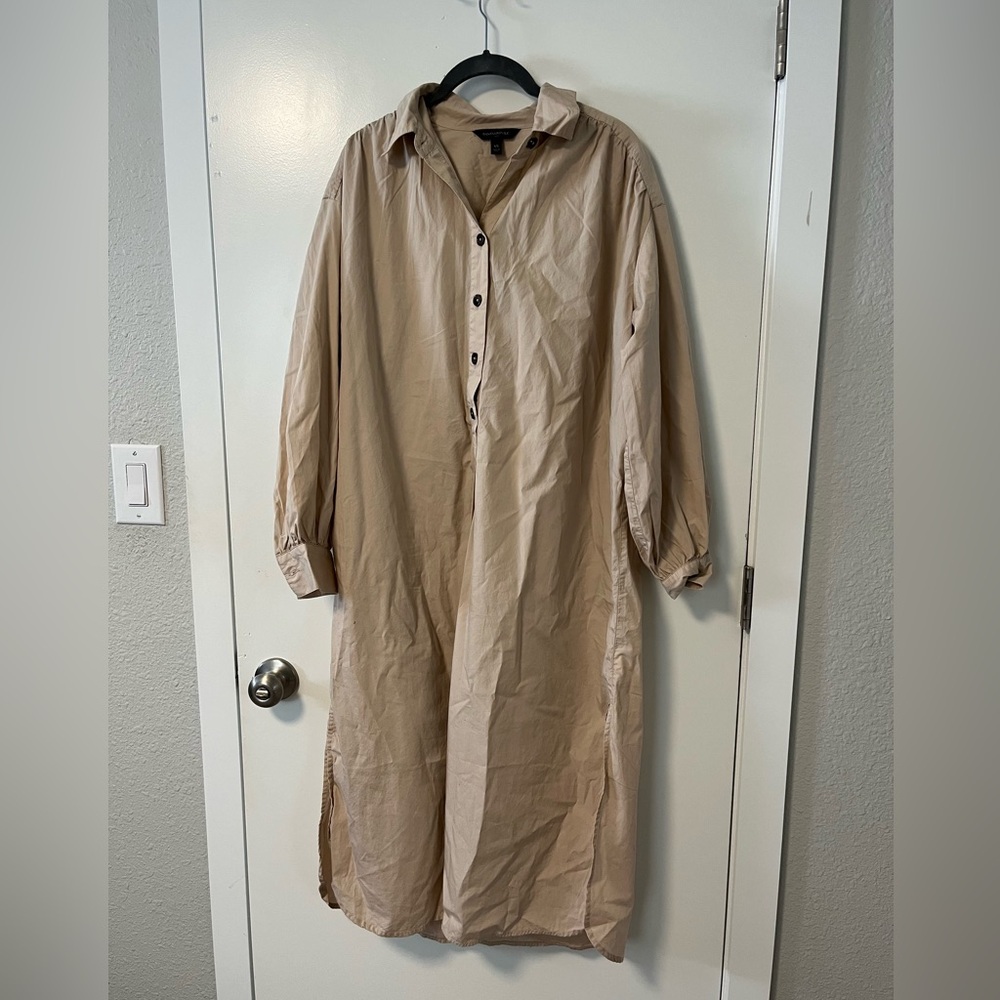 Women’s Tan Button-Up Long Sleeve Midi Dress